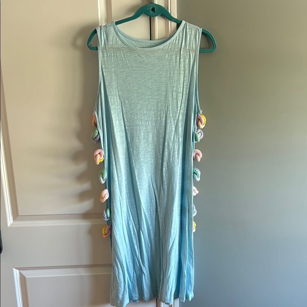 PITUSA Light Blue Sleeveless Midi Dress coverup  with Colorful Pom Trim